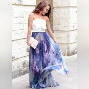 Chicwish Dancing Watercolor Floral Maxi Skirt Violet Purple Stretch Boho XS S